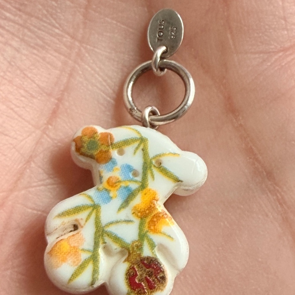 TOUS  White Murano Bear Pendant with Yellow and Blue Floral Design